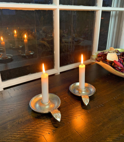 Vibhsa taper candlestick holder dish, silver finish, leaf handle, handcrafted aluminum, pair on Tampa Home & Garden Store