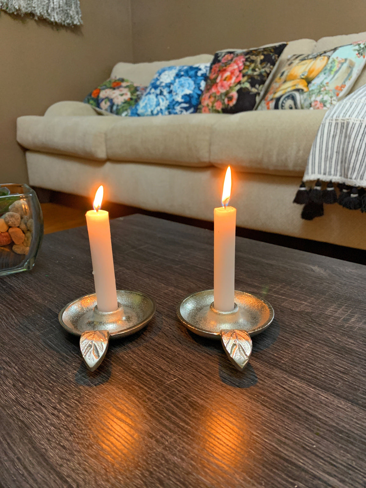 Vibhsa silver taper candlestick set of 2 with leaf-handle rustic aluminum, lit candles on Tampa Home & Garden Store
