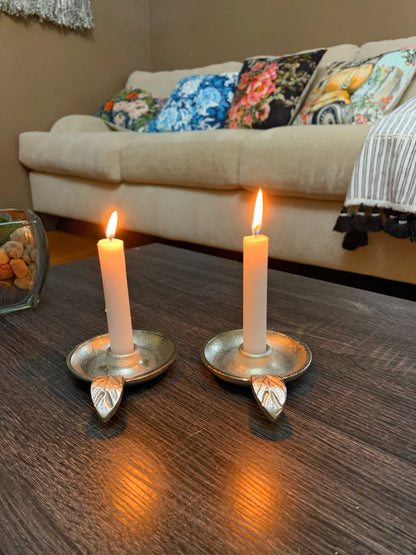 Vibhsa silver taper candlestick set of 2 with leaf-handle rustic aluminum, lit candles on Tampa Home & Garden Store