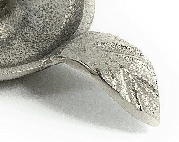 Vibhsa taper candlestick holder dish in silver finish with leaf handle handcrafted aluminum on Tampa Home & Garden Store