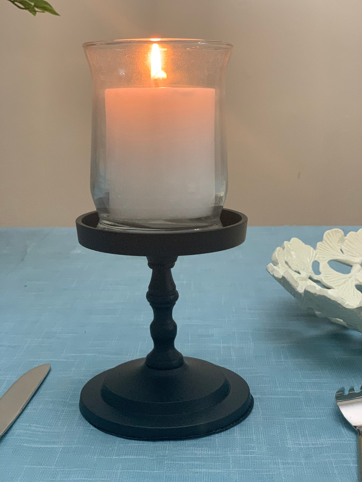 Vibhsa pillar candle holder matte black glass hurricane, 4.5 in tall, fits 3.5 in candles on Tampa Home & Garden Store