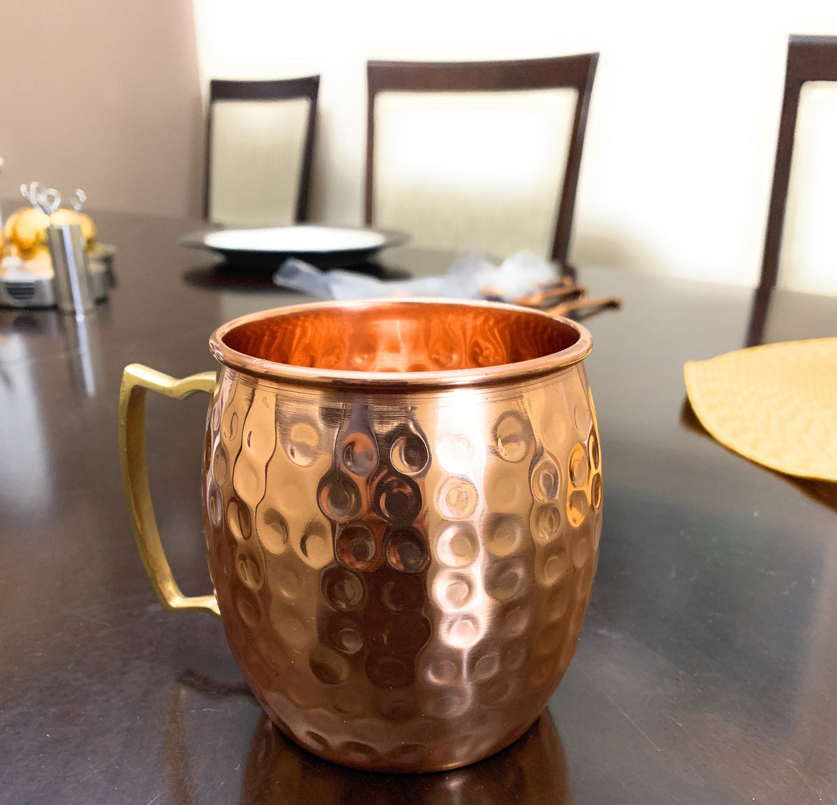 Vibhsa handcrafted copper Moscow Mule mugs set of 4 with hammered brass handles on Tampa Home & Garden Store