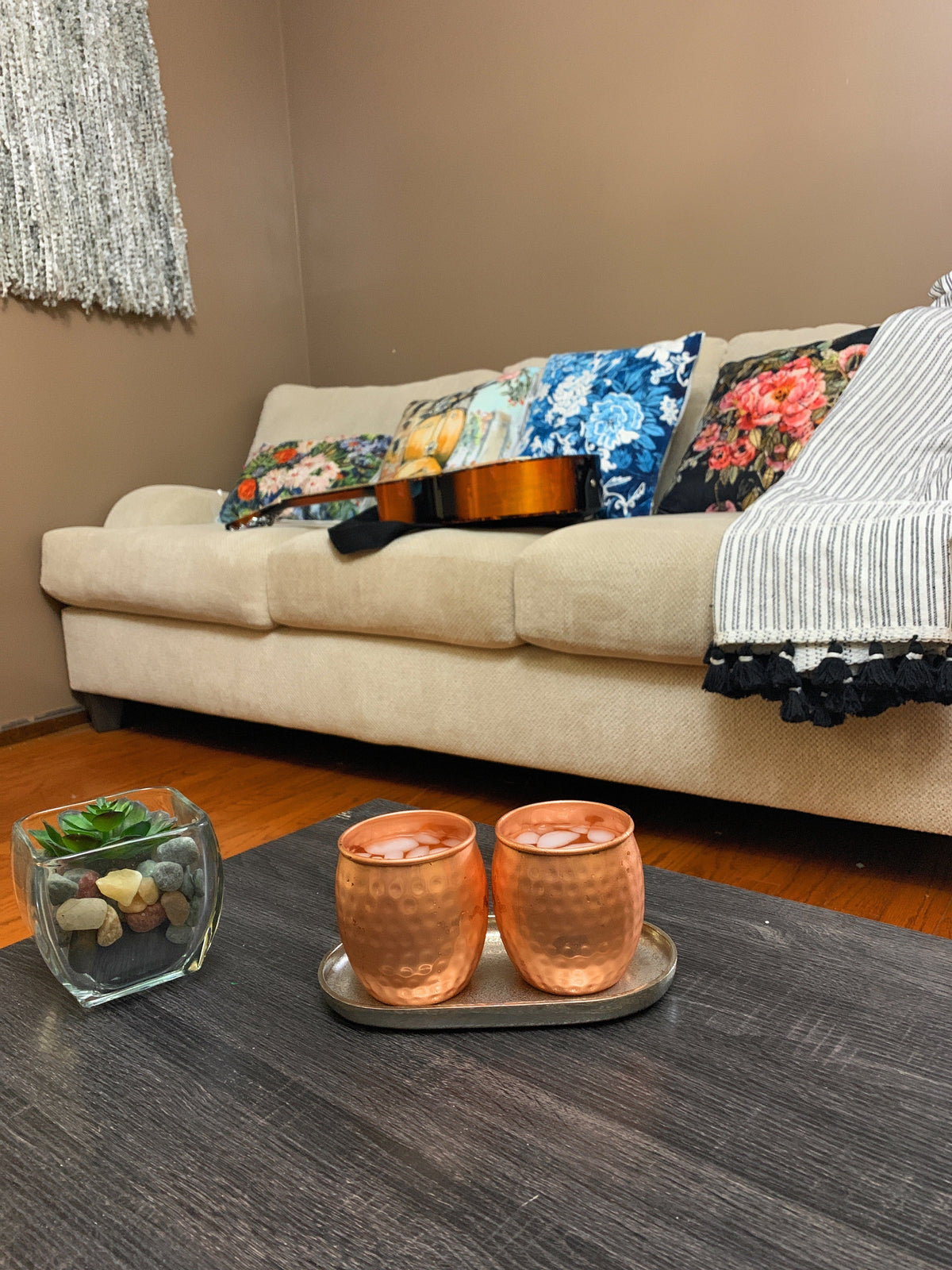Vibhsa Handcrafted Moscow Mule mugs set of 4, hammered copper finish on a dark tray on Tampa Home & Garden Store
