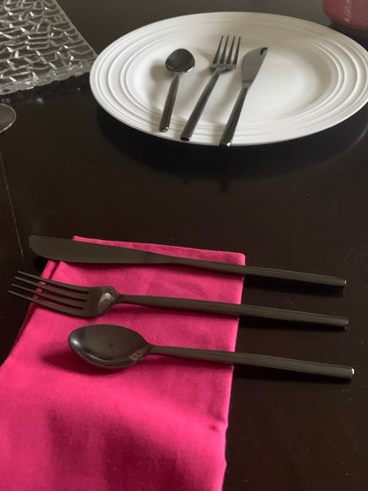 Vibhsa black stainless steel flatware set 36 pc with spoon fork knife on pink napkin on Tampa Home & Garden Store