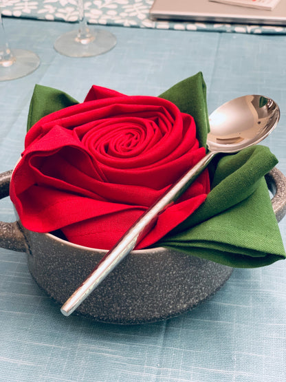 Vibhsa 6-piece silverware spoons set in a bowl with red rose napkin and green napkin on Tampa Home & Garden Store
