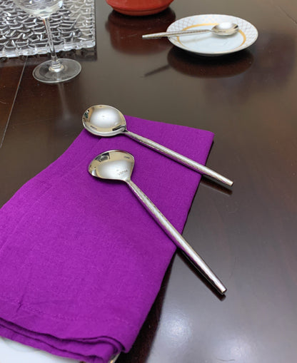 Vibhsa silverware spoons set of 6 with twisted handles on purple napkin on Tampa Home & Garden Store