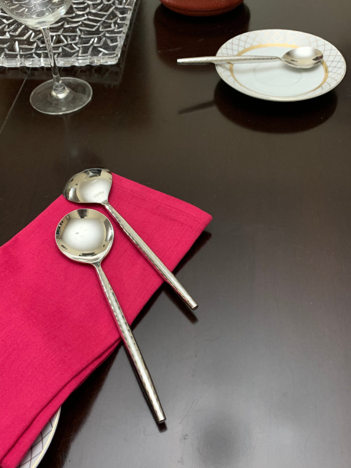 Vibhsa flatware spoons set of 6 stainless steel on pink napkin on Tampa Home & Garden Store