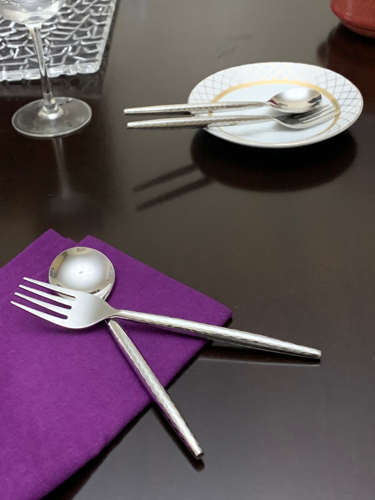 Vibhsa hammered silver flatware set of 20 in stainless steel with textured handles on Tampa Home & Garden Store