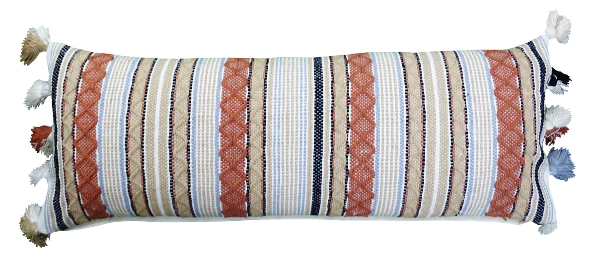 Large decorative accent throw pillow 14x40 by Vibhsa with striped beige, rust and navy on Tampa Home & Garden Store
