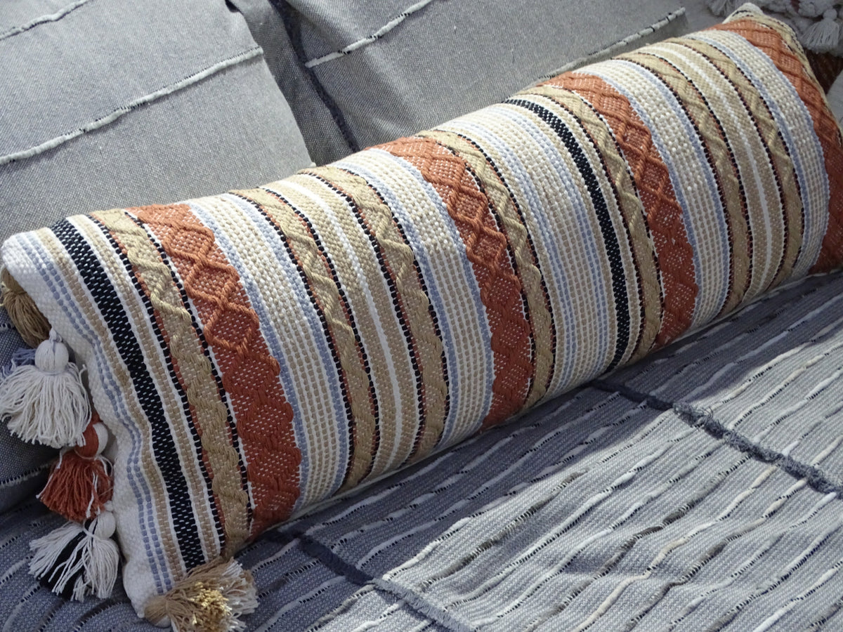 Vibhsa Large Decorative Accent Throw Pillow 14x40 in striped woven fabric with tassels on Tampa Home & Garden Store