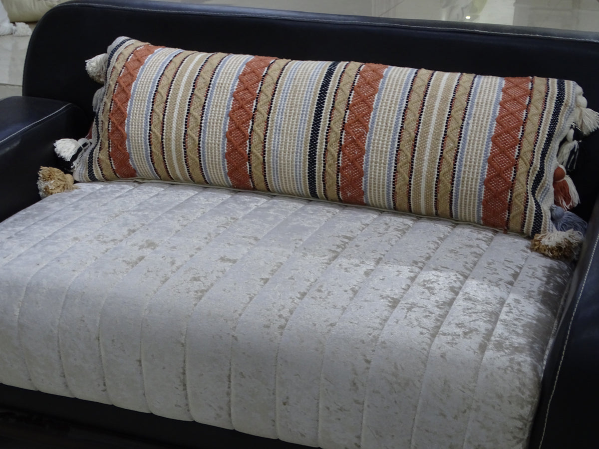 Large decorative throw pillow 14x40 striped bolster with tassels beige orange brown on Tampa Home & Garden Store