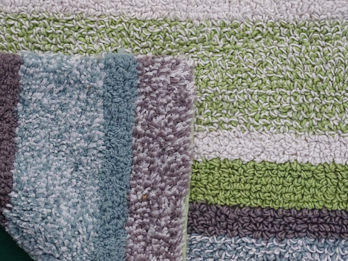 Vibhsa multi-color striped bath rug patchwork in blues greens purples; 100% cotton 20x32 on Tampa Home & Garden Store