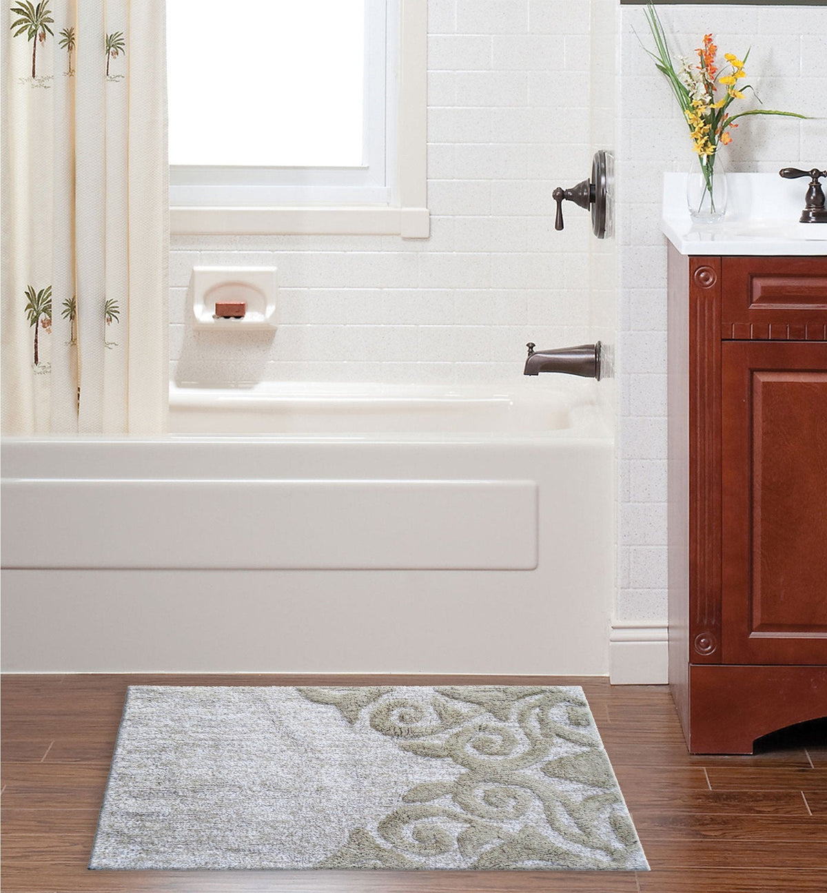Vibhsa Damask Pattern Bath Rug 20x32 beige ivory 100% cotton on Tampa Home & Garden Store