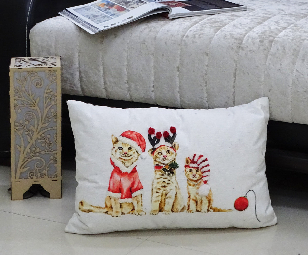 Vibhsa Christmas Throw Pillow 14x20 white with festive cats in Santa hats on Tampa Home & Garden Store