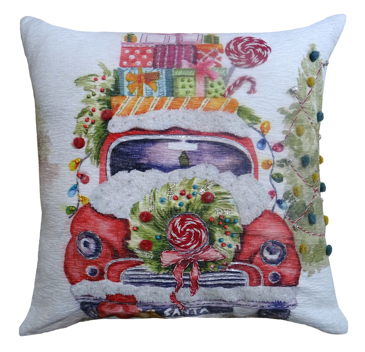 Vibhsa Christmas Embroidered Throw Pillow 20x20; blue-gray textured fabric with car scene on Tampa Home & Garden Store