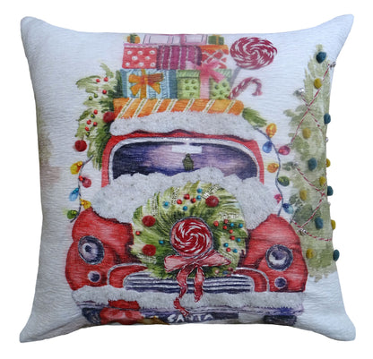 Vibhsa Christmas Embroidered Throw Pillow 20x20; blue-gray textured fabric with car scene on Tampa Home & Garden Store