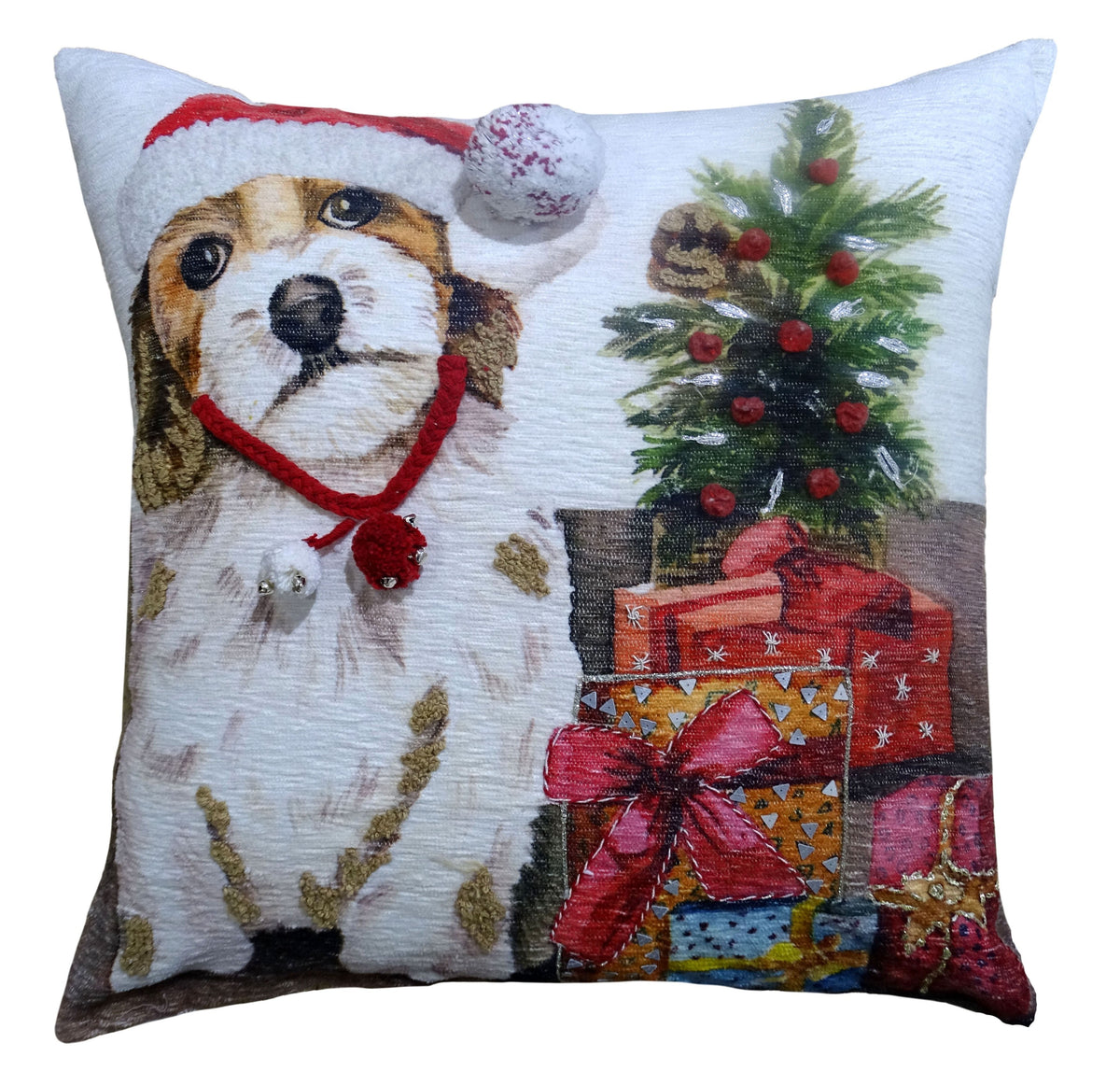 Throw Pillow Vibhsa Christmas decorative print with festive dog and Christmas tree on Tampa Home & Garden Store