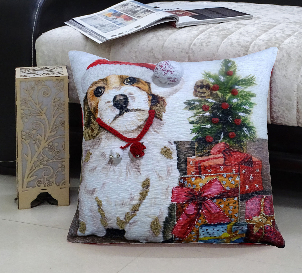 Throw pillow Vibhsa Christmas decorative 20x20 with Santa dog and Christmas tree on Tampa Home & Garden Store