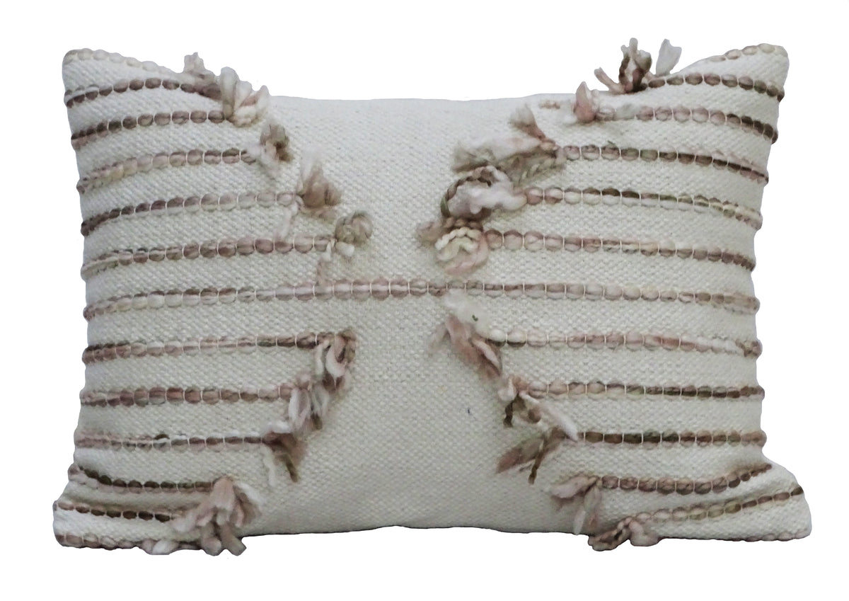 Pink 14x20 embroidered throw pillow with tassels and woven stripe details on Tampa Home & Garden Store