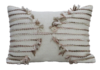 Pink 14x20 embroidered throw pillow with tassels and woven stripe details on Tampa Home & Garden Store