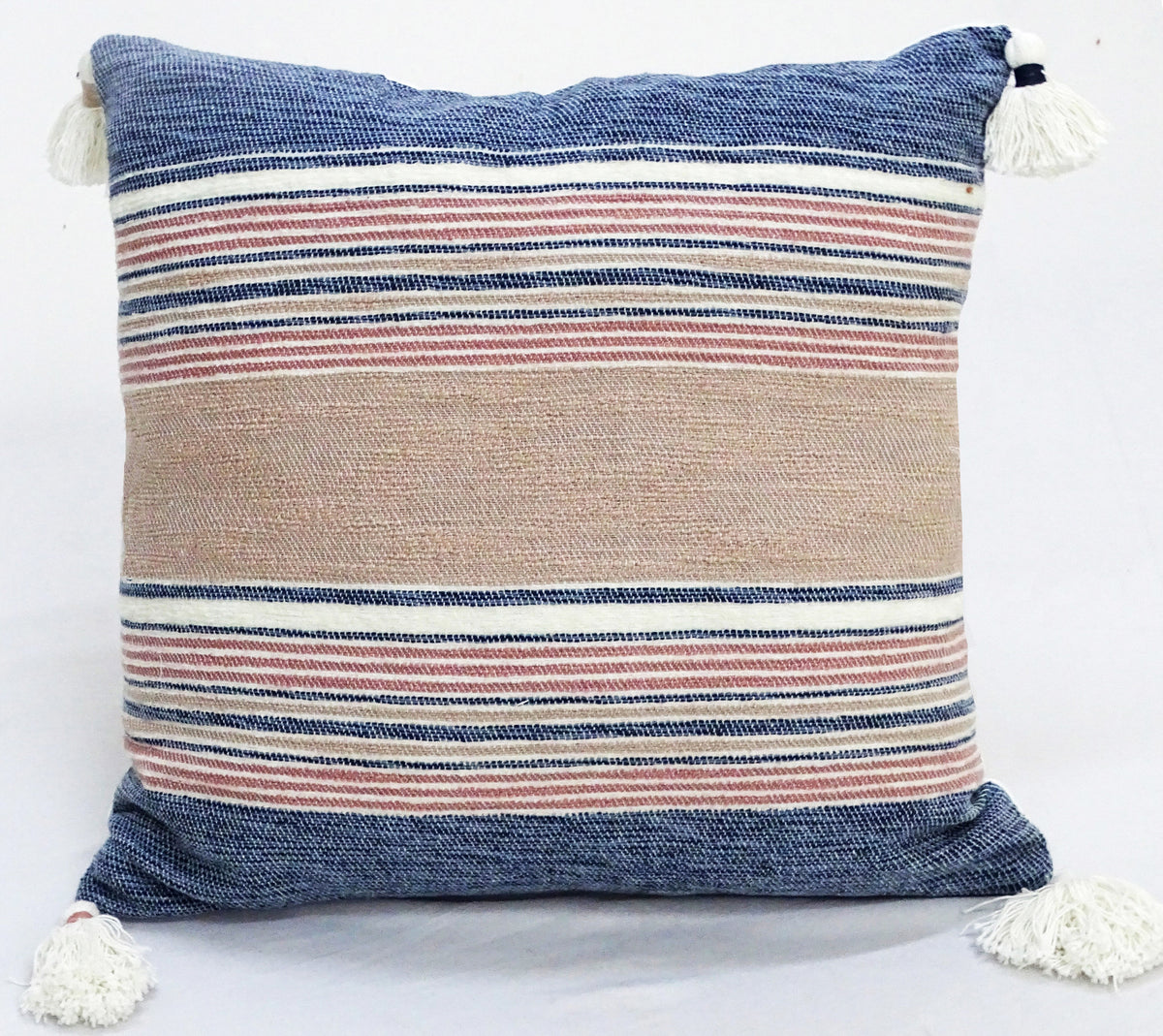 Throw pillow 22x22 with tassels, striped blue cream red beige woven fabric on Tampa Home & Garden Store