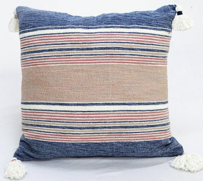 Throw pillow 22x22 with tassels, striped blue cream red beige woven fabric on Tampa Home & Garden Store