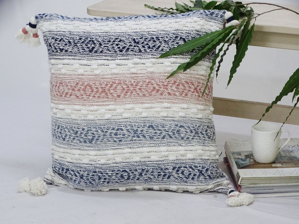 Throw pillow for sofa 22x22 with tassels navy white multicolor weave insert included Vibhsa on Tampa Home & Garden Store