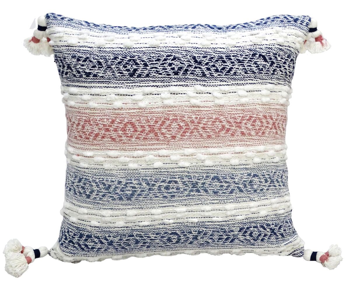 Throw Pillow with Tassels 22x22 in navy white pink pattern, insert included by Vibhsa on Tampa Home & Garden Store