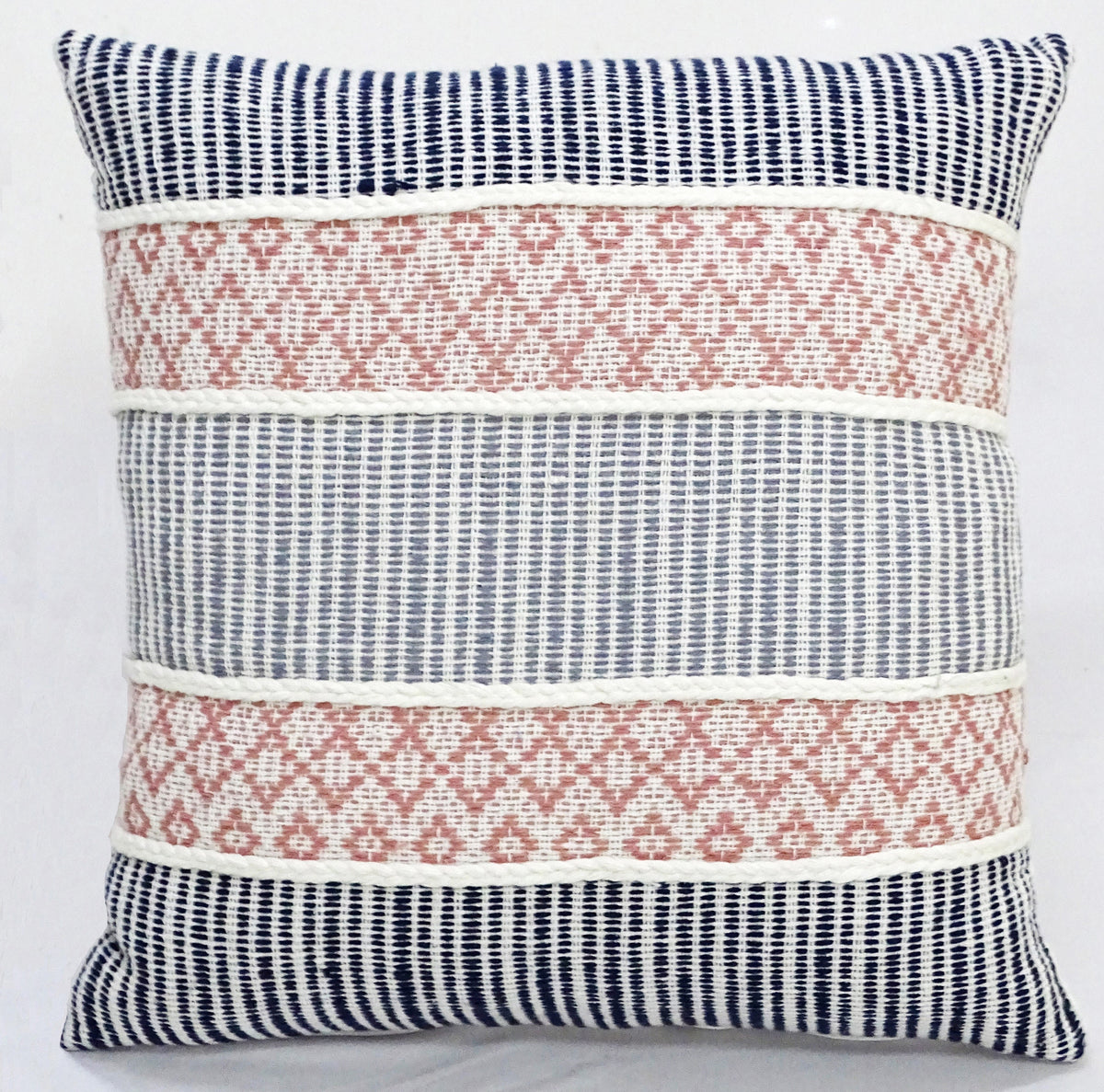 Throw pillow by Vibhsa 22x22 in navy blue and pink woven stripes with white trim for couch on Tampa Home & Garden Store