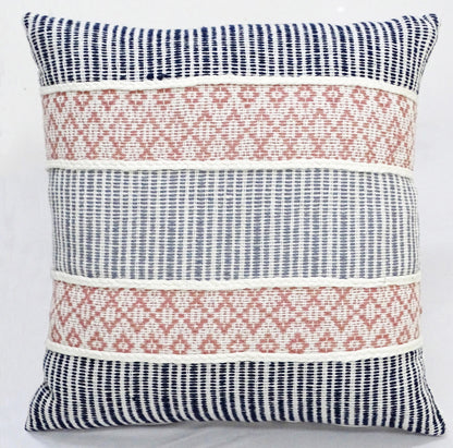 Throw pillow by Vibhsa 22x22 in navy blue and pink woven stripes with white trim for couch on Tampa Home & Garden Store