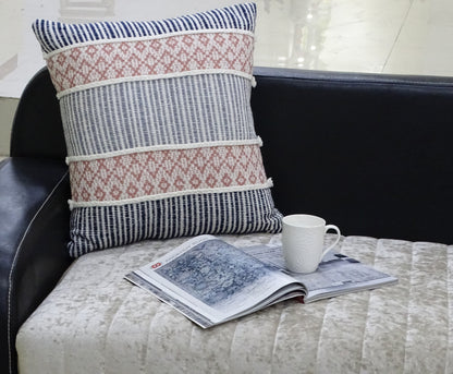 Vibhsa 22x22 decorative throw pillow with navy stripes and pink geometric band rope trim on couch on Tampa Home & Garden Store