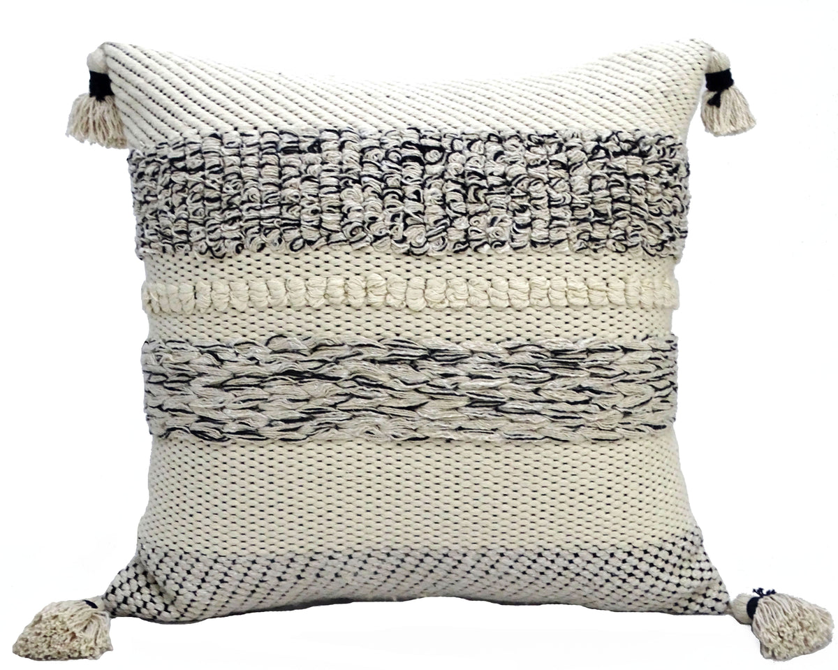 Vibhsa modern 22x22 inch throw pillow with tassels, beige cream textured knit on Tampa Home & Garden Store