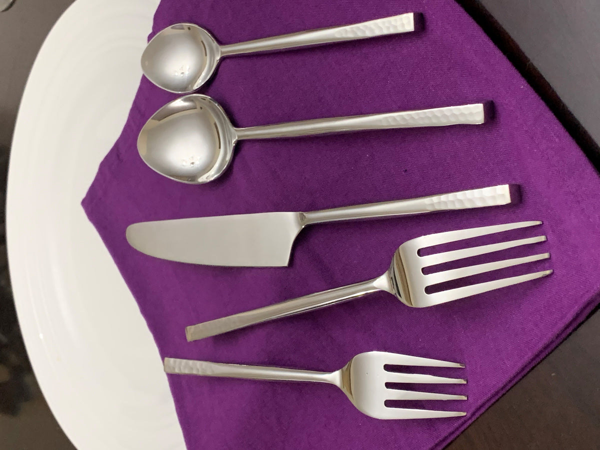 Vibhsa 20-piece stainless steel flatware set for 4 with hammered silver handles on Tampa Home & Garden Store