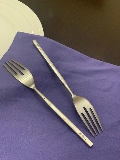 Vibhsa stainless steel salad forks set of 6 on purple napkin on Tampa Home & Garden Store