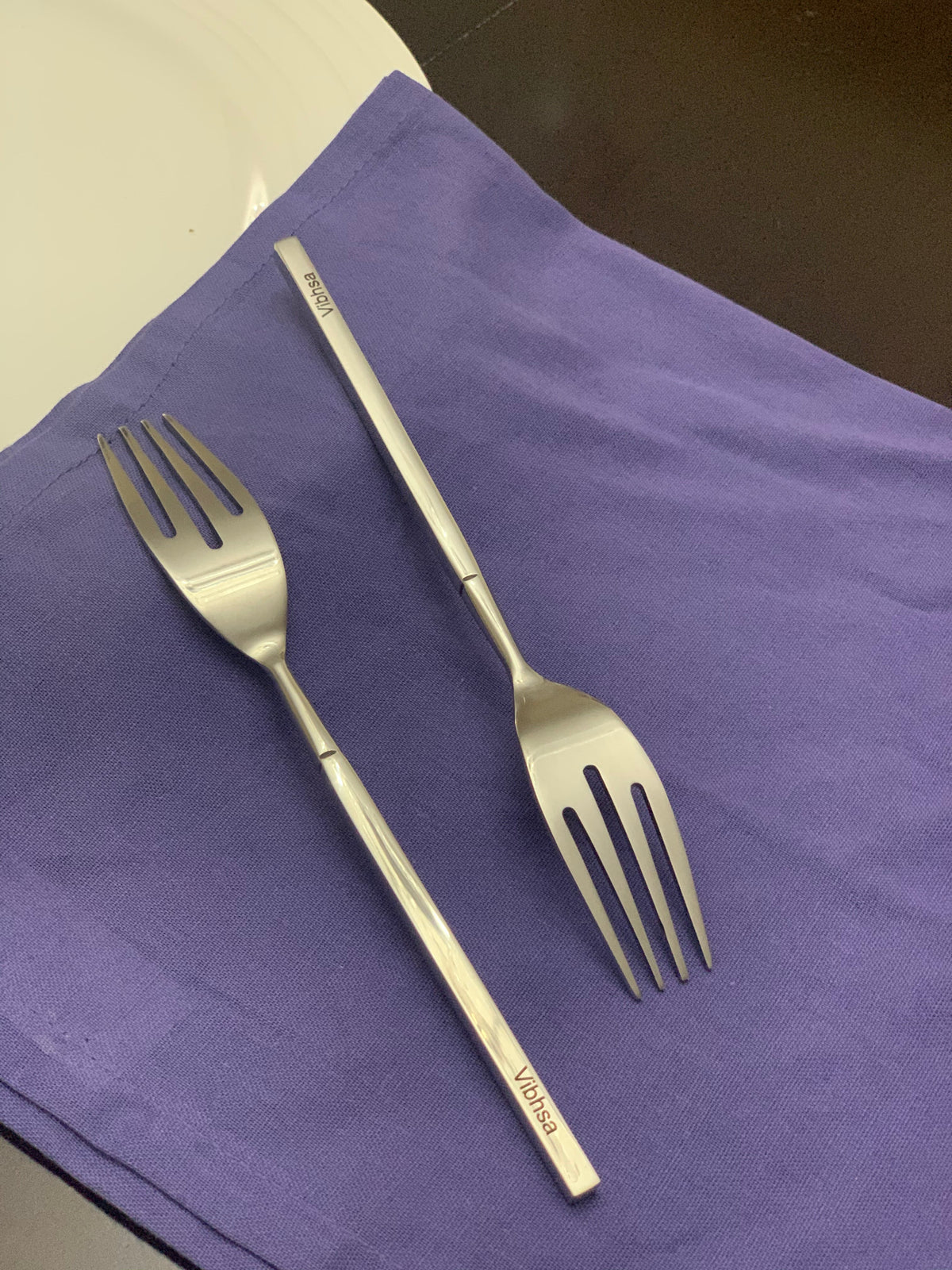Vibhsa stainless steel salad forks set of 6 on purple napkin on Tampa Home & Garden Store