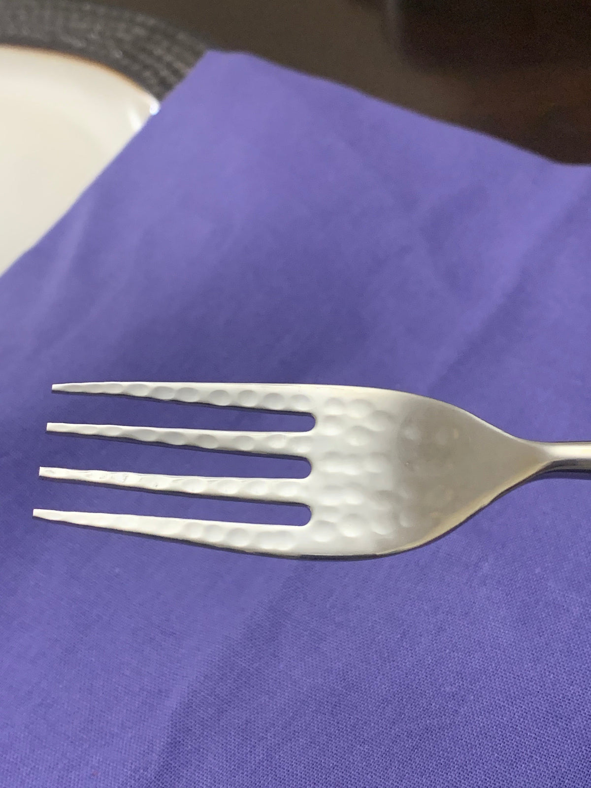 Stainless steel fork from Vibhsa 20-piece flatware set with textured tines on purple backdrop on Tampa Home & Garden Store