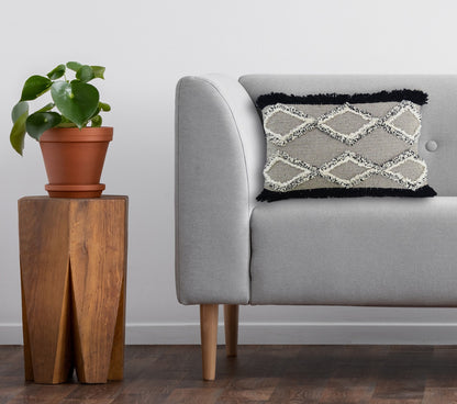 Vibhsa tufted pillow 16x22 with fringes handloom woven gray cream diamond lattice sofa on Tampa Home & Garden Store