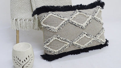 Vibhsa tufted decorative pillow 16x22 beige handloom woven with white chevron fringe on Tampa Home & Garden Store