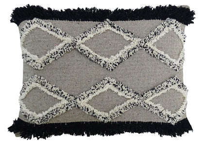 Vibhsa handloom woven tufted gray pillow 16x22 with cream tufted chevrons and black fringe on Tampa Home & Garden Store