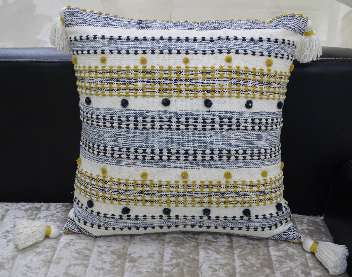 Vibhsa multicolor striped throw pillow 20x20 with mini poms and tassels on Tampa Home & Garden Store