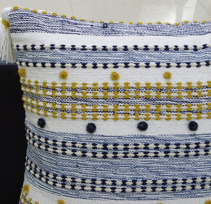 Vibhsa 20x20 throw pillow multicolor navy white stripe with mini poms and tassels on Tampa Home & Garden Store