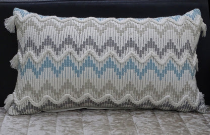 Chevron throw pillow by Vibhsa with braided tassels, white/blue geometric pattern, 14x24 on Tampa Home & Garden Store