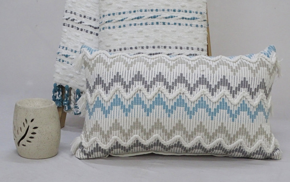 Vibhsa chevron throw pillow 14x24 with braided tassels in white/blue gray on Tampa Home & Garden Store