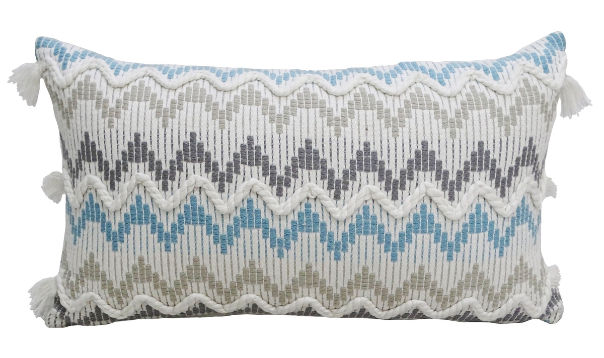 Throw Pillow Vibhsa chevron braided tassel accent 14x24 blue gray white woven on Tampa Home & Garden Store