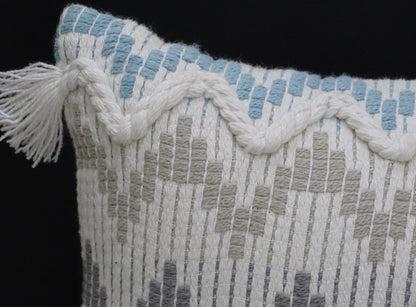 Chevron throw pillow 14x24 with white and light blue woven braid and tassels by Vibhsa on Tampa Home & Garden Store