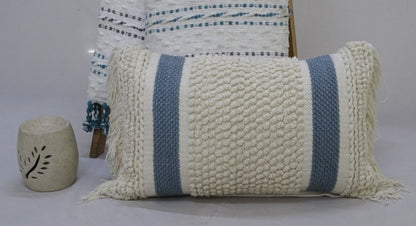 Decorative striped throw pillow with loop texture and fringed edges cream with blue stripes 14x24 on Tampa Home & Garden Store