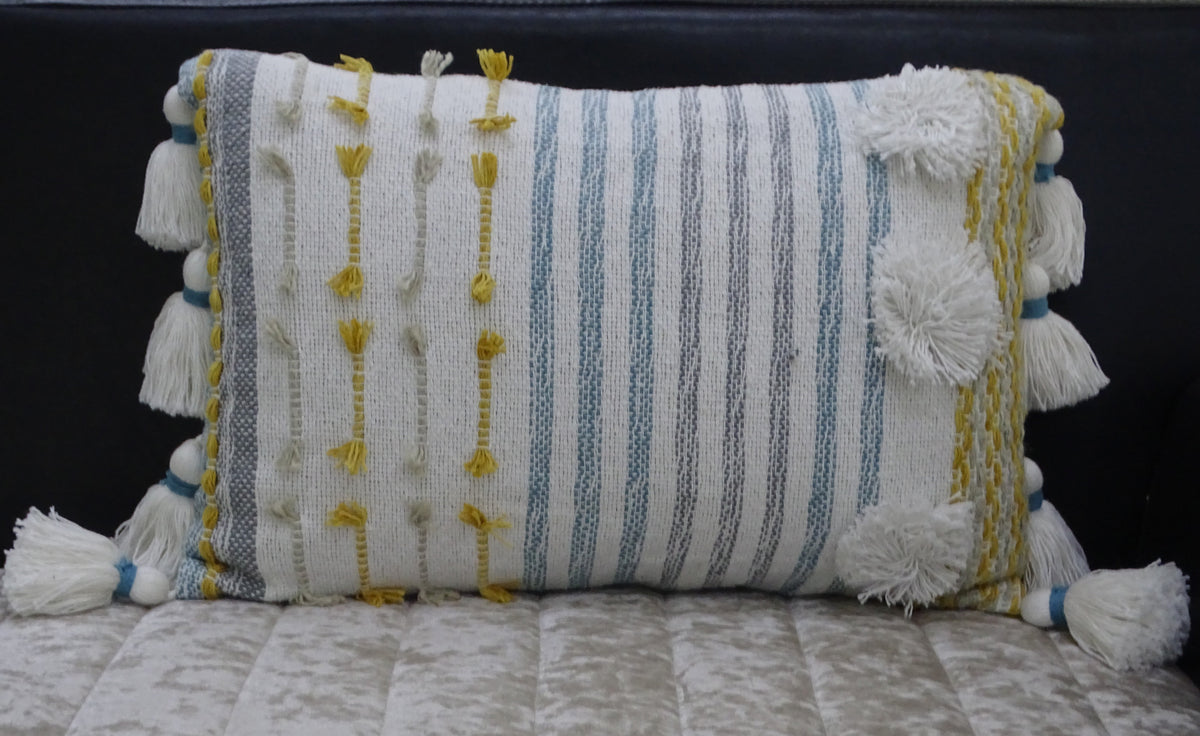 Designer Striped Throw Pillow by Vibhsa with yellow tassels and white pom accents 14x20 on Tampa Home & Garden Store