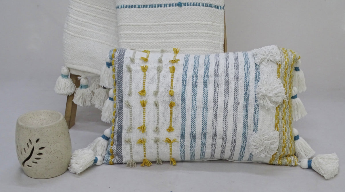 Designer striped throw pillow with large pom tassels, blue yellow, 14x20, Vibhsa; 2 cushions on Tampa Home & Garden Store