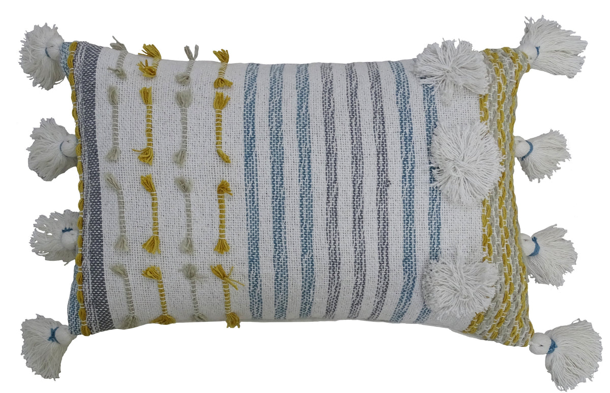 Striped throw pillow 14x20 with large white pom tassels, blue stripes and yellow fringe on Tampa Home & Garden Store