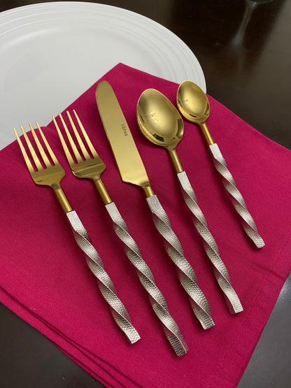 Vibhsa gold flatware set 20pc with twisted handles, 5-piece display of forks spoons knives on Tampa Home & Garden Store